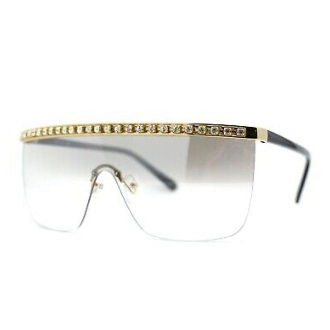 Oversize Large Rhinestone Bling Flat Top Half Rim Shield Sunglasses