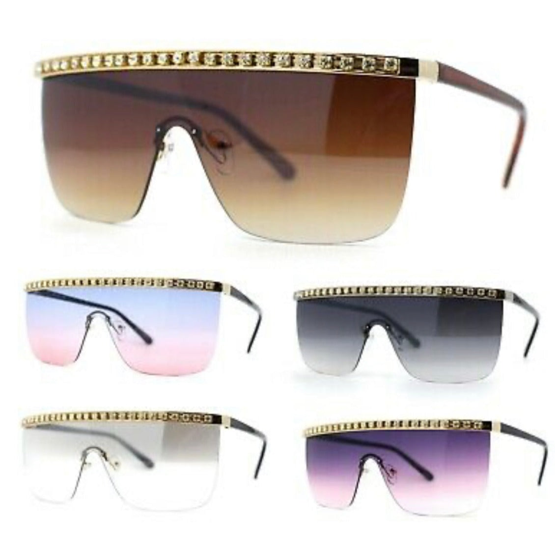 Oversize Large Rhinestone Bling Flat Top Half Rim Shield Sunglasses