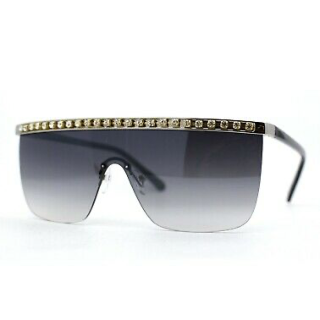 Oversize Large Rhinestone Bling Flat Top Half Rim Shield Sunglasses
