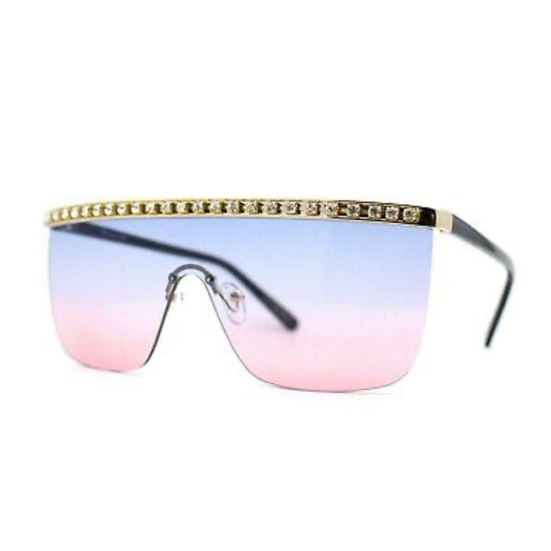 Oversize Large Rhinestone Bling Flat Top Half Rim Shield Sunglasses