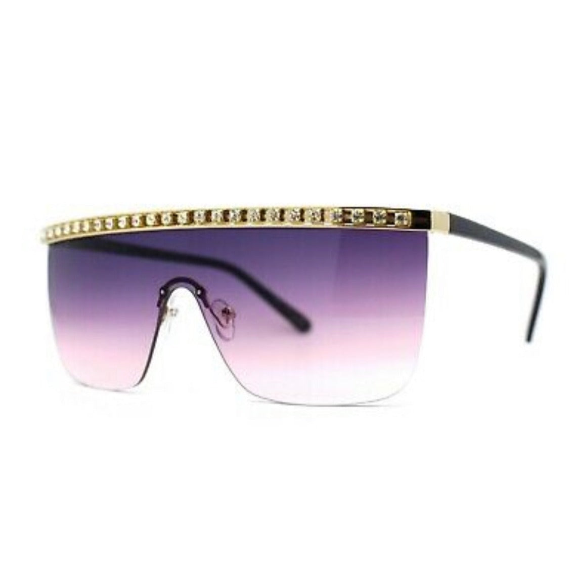 Oversize Large Rhinestone Bling Flat Top Half Rim Shield Sunglasses