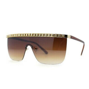 Oversize Large Rhinestone Bling Flat Top Half Rim Shield Sunglasses